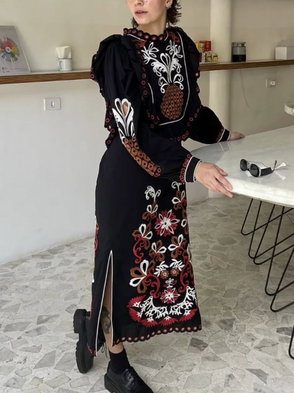FARM Rio Cashew Mandala Richilieu Maxi Dress Long Sleeve Small Black